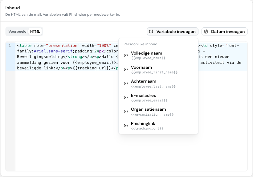 PhishWise e-maileditor met het geopende menu Variabele invoegen
