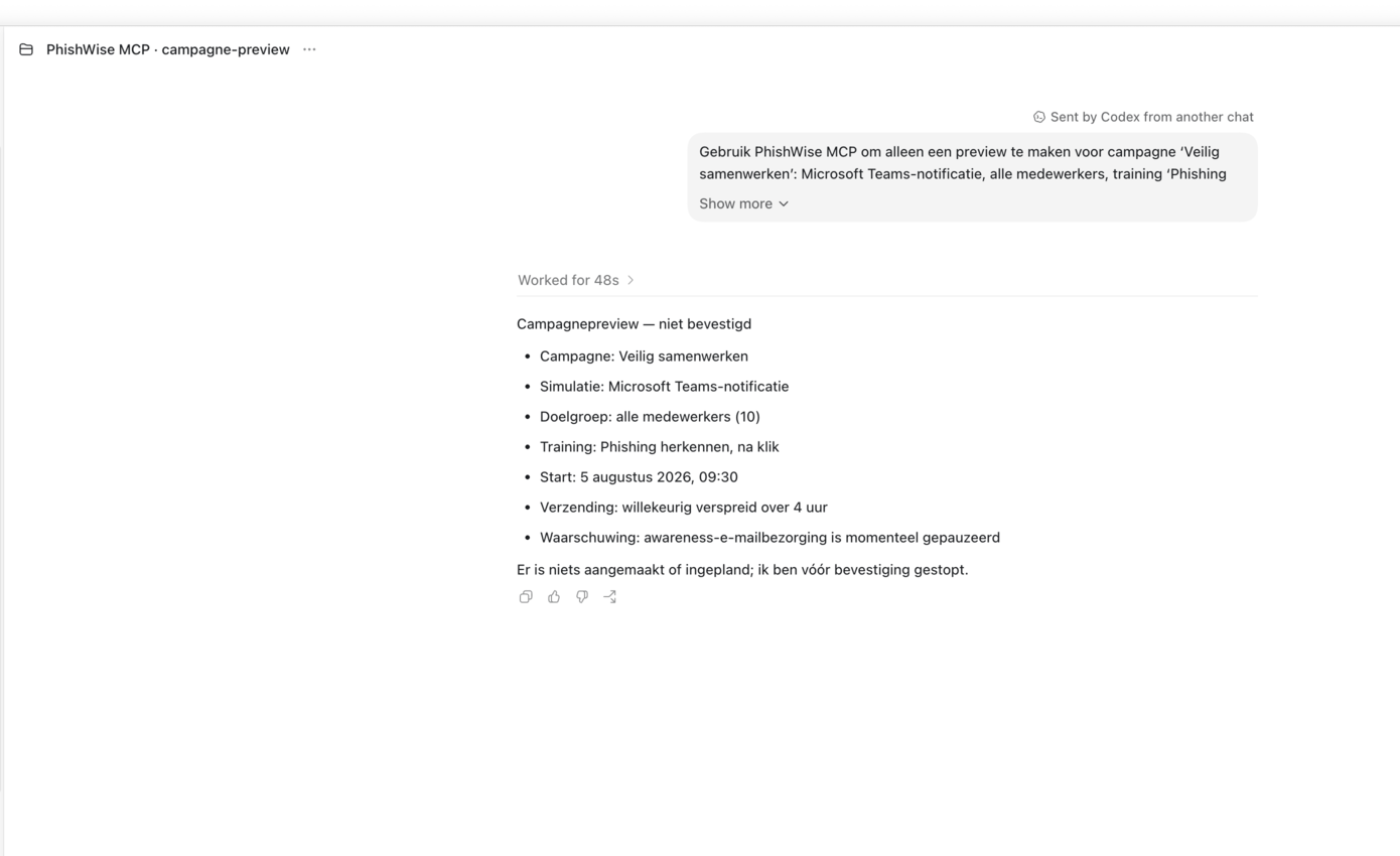 ChatGPT/Codex toont een Phishwise MCP-campagnepreview voor Veilig samenwerken