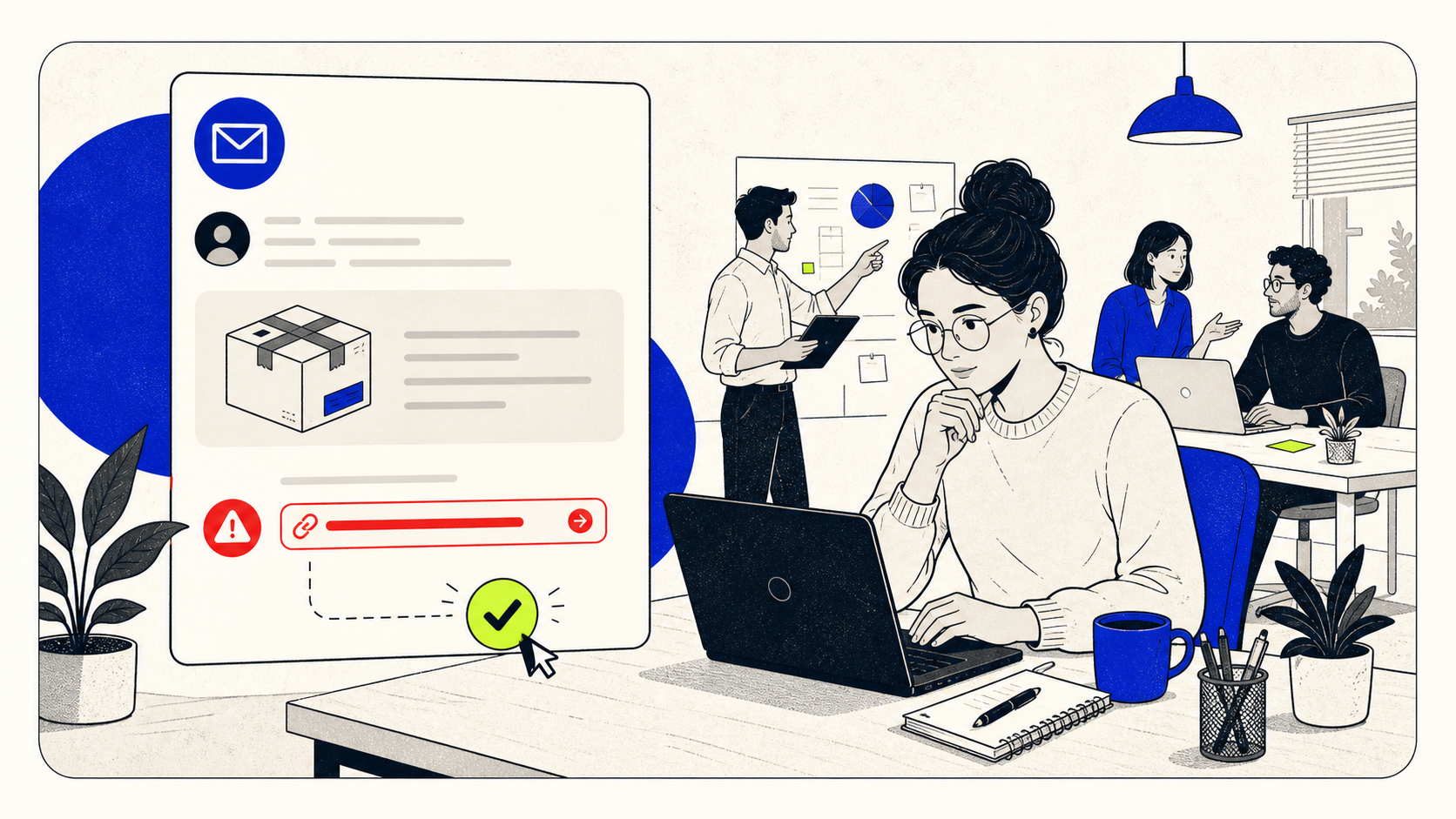 Illustratie van medewerker die een verdachte bezorgmail controleert en meldt als phishing