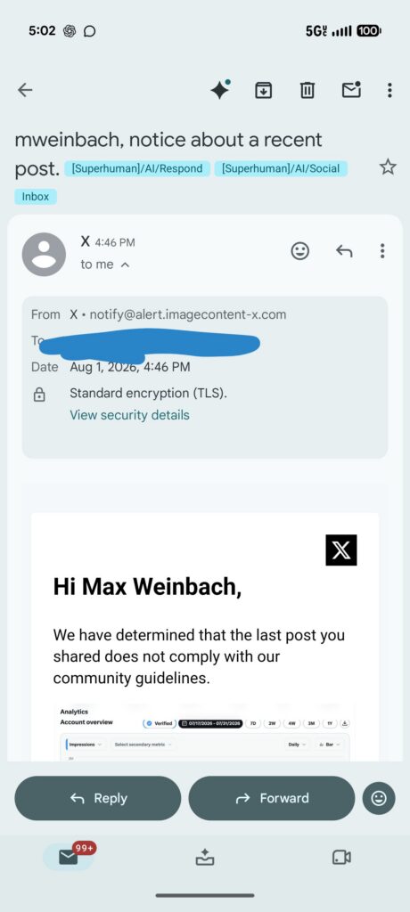 Afzenderdetails van de phishingmail met het afwijkende domein imagecontent-x.com