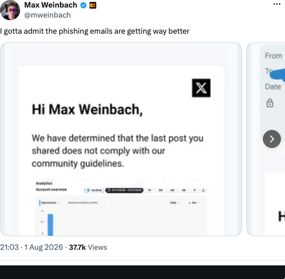 X-post van Max Weinbach over steeds beter wordende phishingmails