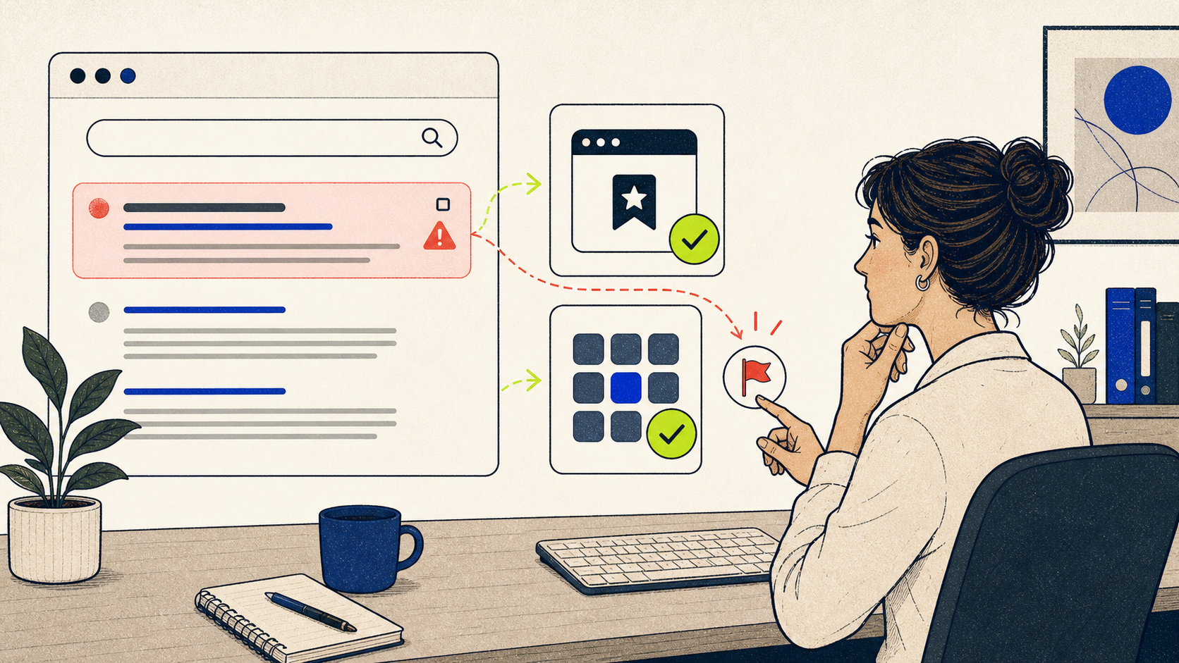 Illustratie van medewerker die een verdacht zoekresultaat controleert, een veilige route kiest en de advertentie meldt
