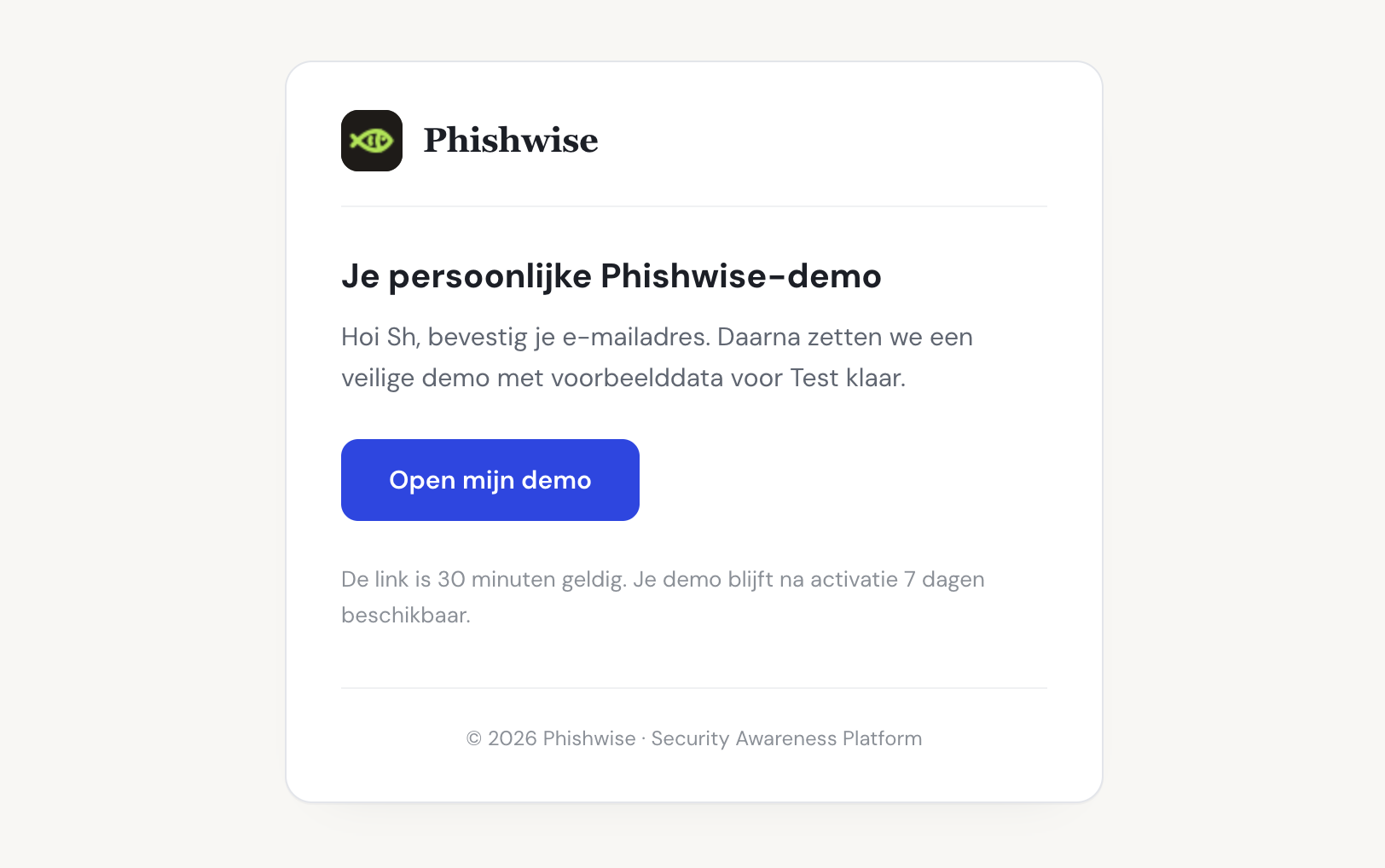 Bevestigingsmail met een beveiligde link naar de persoonlijke Phishwise-demo