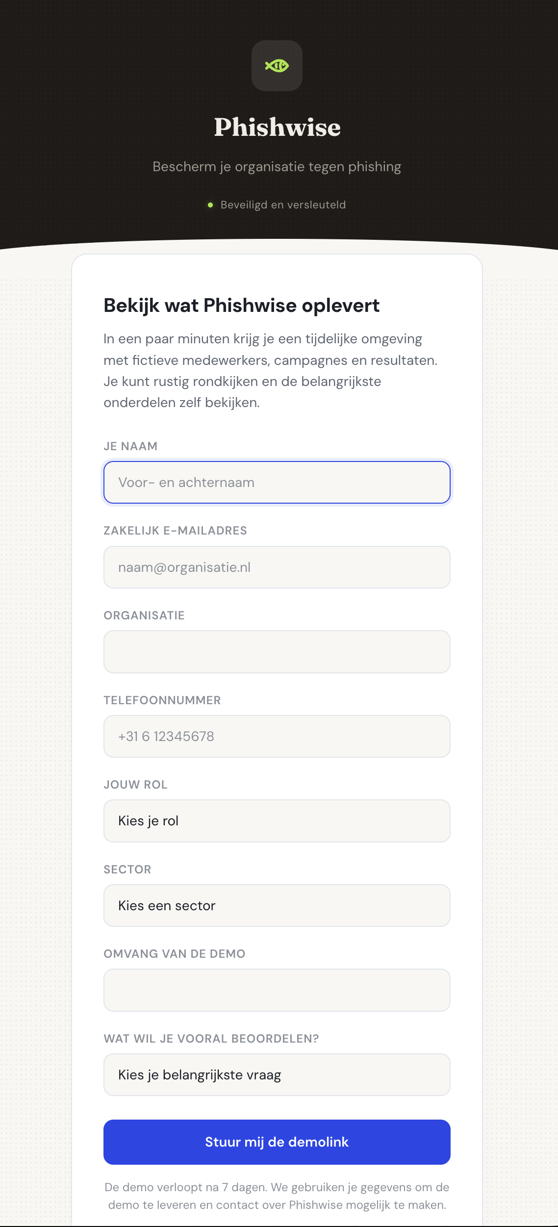 Aanvraagformulier voor een persoonlijke Phishwise-demo