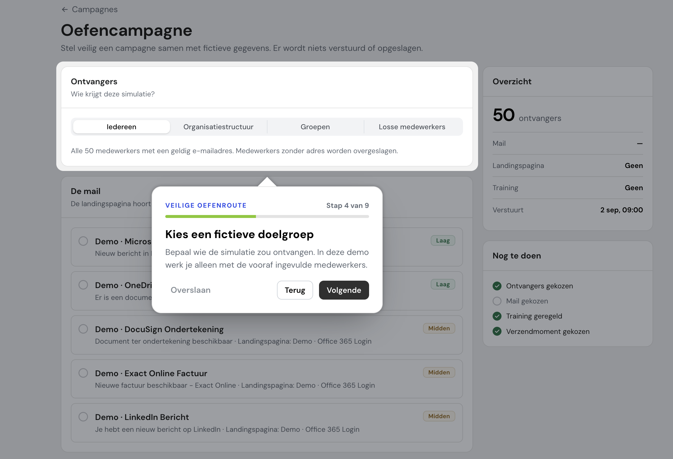 Campagnebouwer met een fictieve doelgroep in de Phishwise-demo