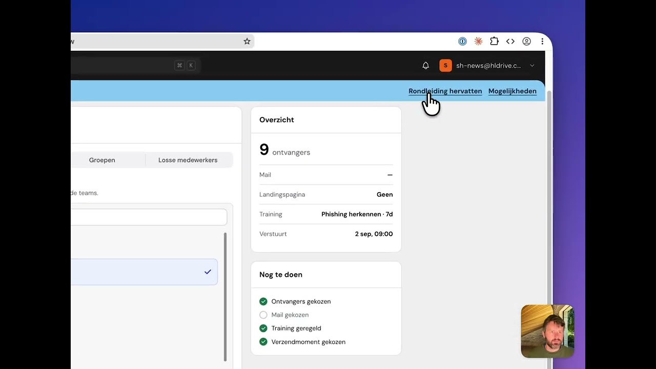 Voorbeeld van de campagnebouwer in de Phishwise phishing simulatie demo