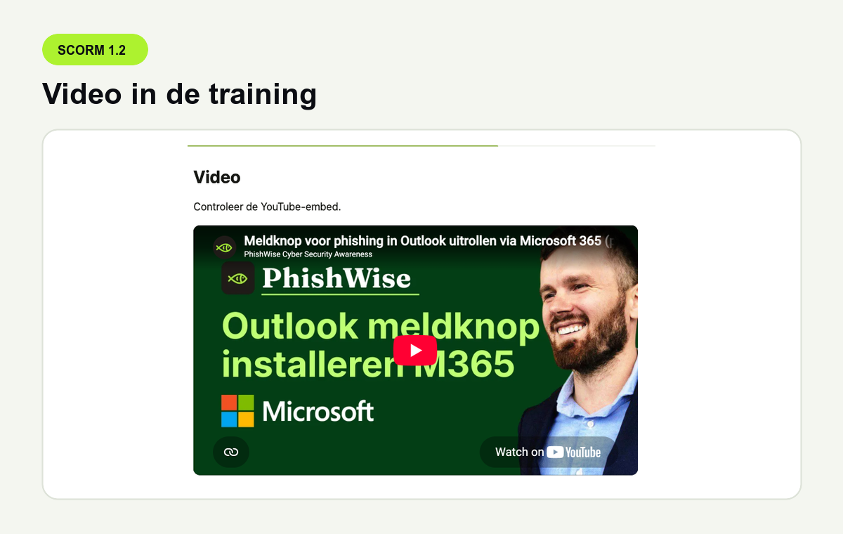 Een YouTube-video binnen een Phishwise SCORM 1.2-training